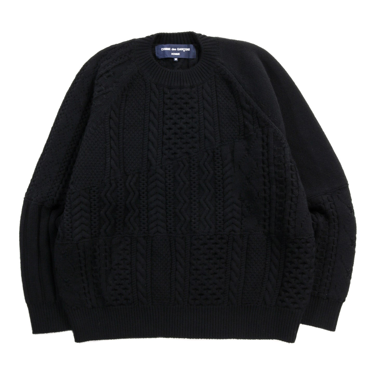 COMME DES GARCONS HOMME N008 PATCHWORK CABLE KNIT WOOL SWEATER BLACK