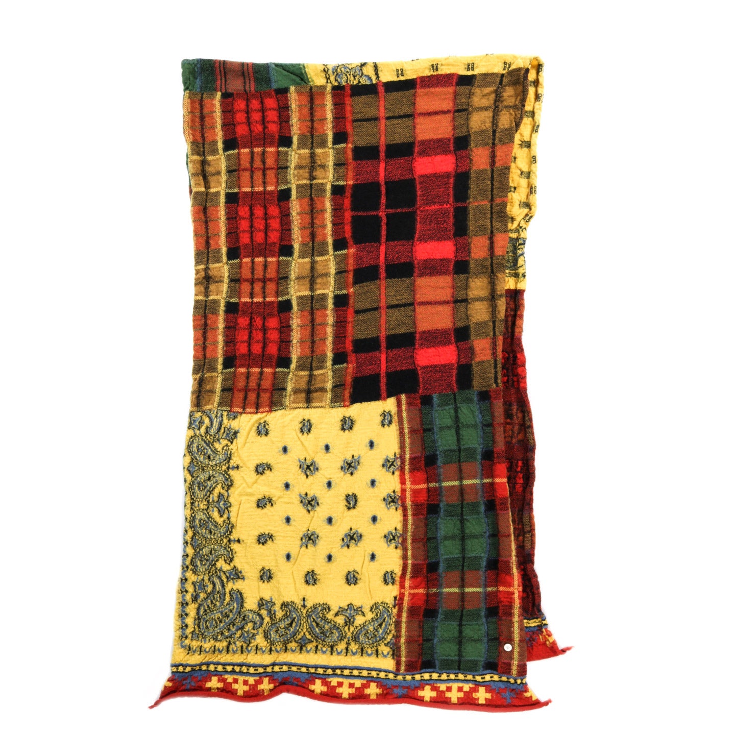 KAPITAL COMPRESSED WOOL SCARF TARTAN CHECK BANDANA PATCH YELLOW