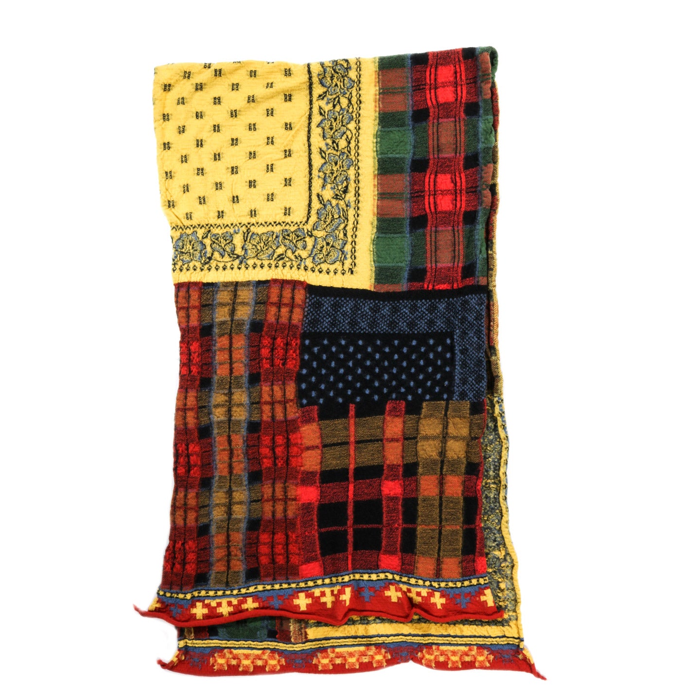 KAPITAL COMPRESSED WOOL SCARF TARTAN CHECK BANDANA PATCH YELLOW