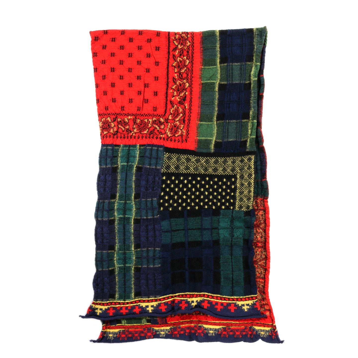 KAPITAL COMPRESSED WOOL SCARF TARTAN CHECK BANDANA PATCH RED