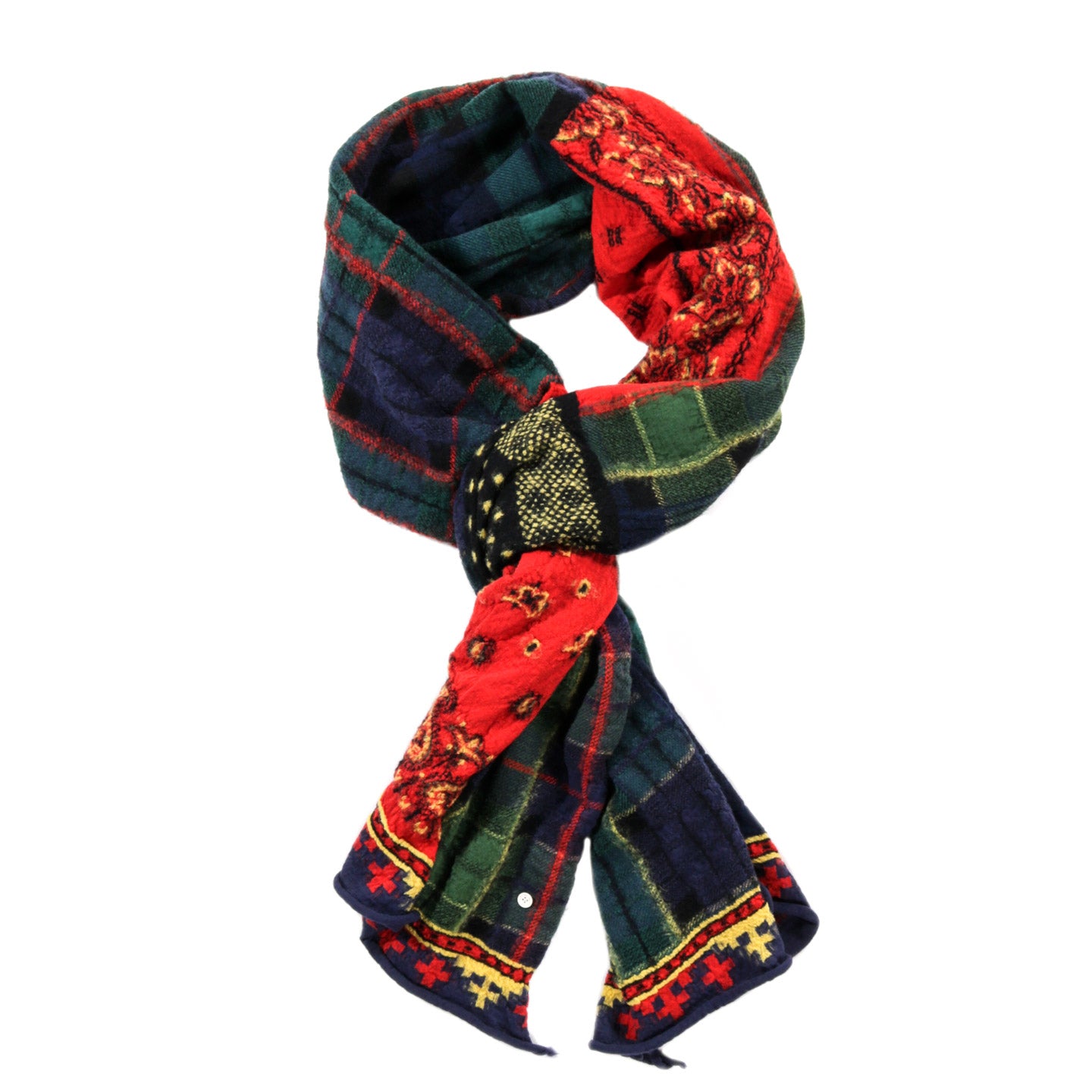 KAPITAL COMPRESSED WOOL SCARF TARTAN CHECK BANDANA PATCH RED